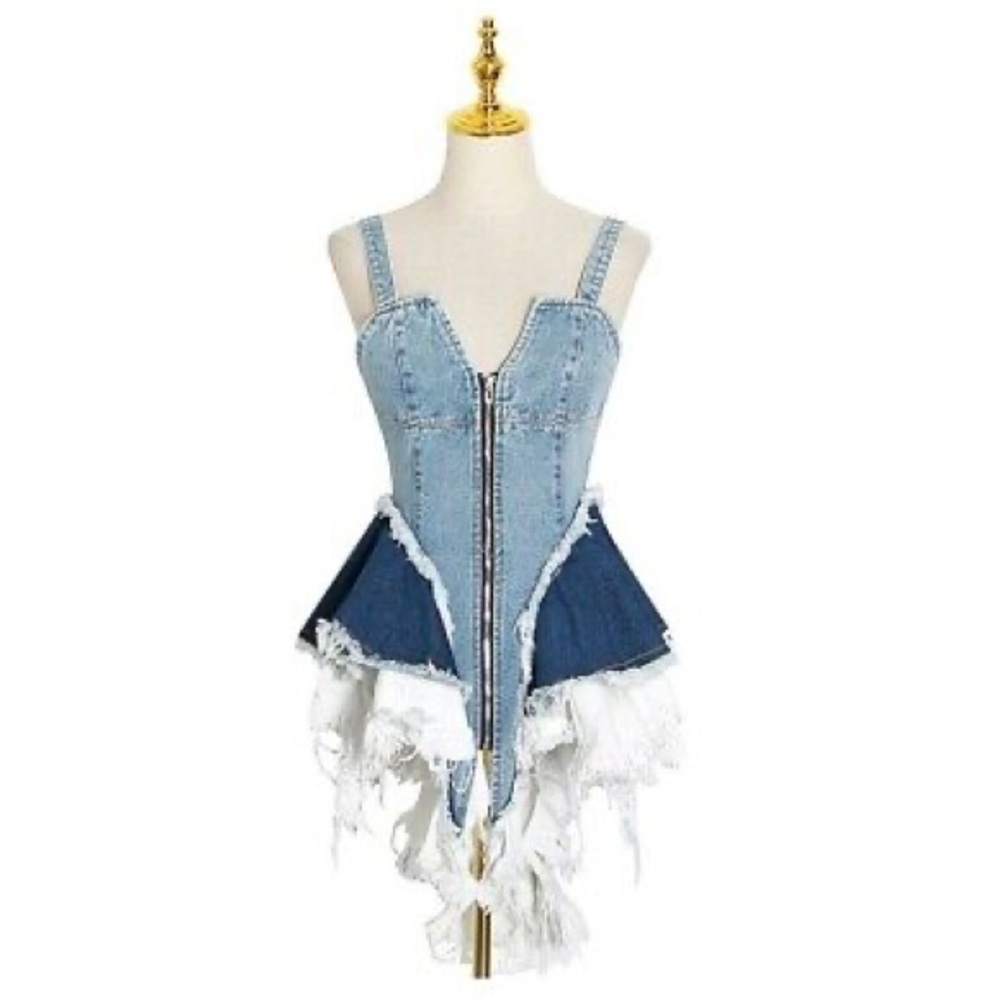 Denim Corset Dress with Frayed Hem